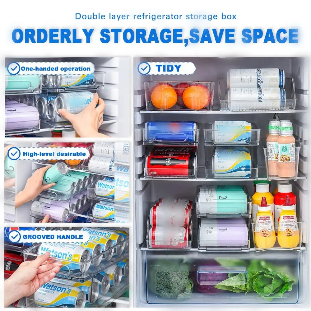 Refrigerator Organizer Bins 2-layer Automatic Rolling Beverage Soda Can Storage Box for Fridge Beverage Organizer for Beer Soda